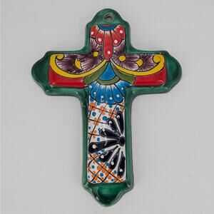 Talavera Hand Painted Mexican Cross Terra Cotta Ceramic Wall Plaque 11 inch